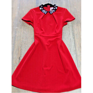 Preppy Dress Womens 8 Red Short Sleeve A Line Casual Zip Up Black Collar A Line